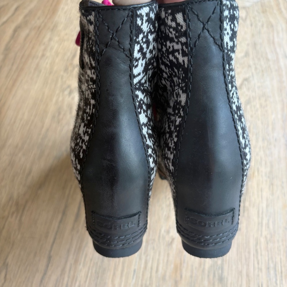 $160 SOREL Solar PDX Wedge Boots Wmns 10 Leather Black White Knit Hot Pink Laces - Picture 6 of 10